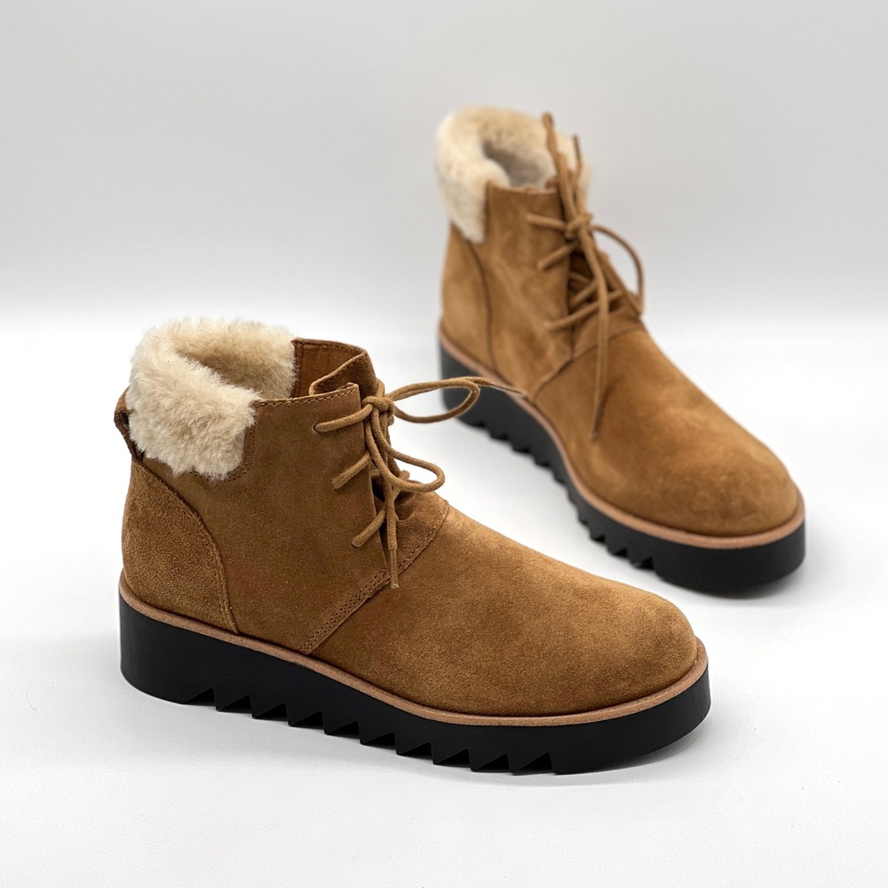 EILEEN FISHER Kenille Sport Suede Boot Womens 7.5 Brown Shearling Wedge NEW